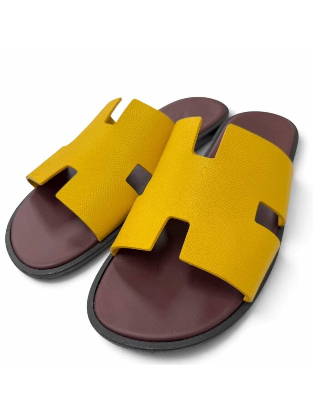 Hermes Izmir Leather H Logo Slippers Slide Sandals Yellow Bordeaux